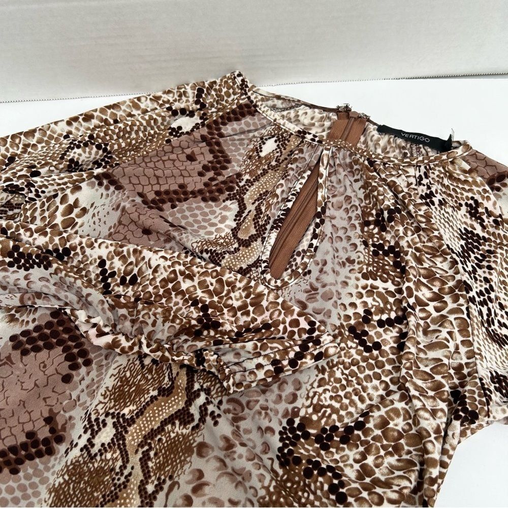 Vertigo Brown Snake Print‎ Long Sleeved Keyhole Dress Stretch Tie Belt size XS